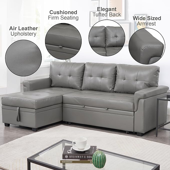 Naomi Home Modern Sectional Sofa with Storage Chaise Gray/Air Leather