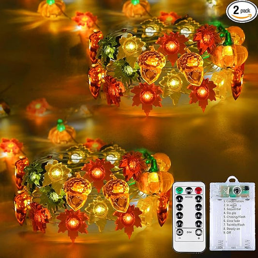 2 Pack 60LED Fall Decoration 3D Pumpkin Acorn Maple Leaf String Light Battery Operated, 20FT Fall Lights with Remote, Waterproof 8 Modes Fairy Lights for Autumn Harvest Thanksgiving Halloween Decor