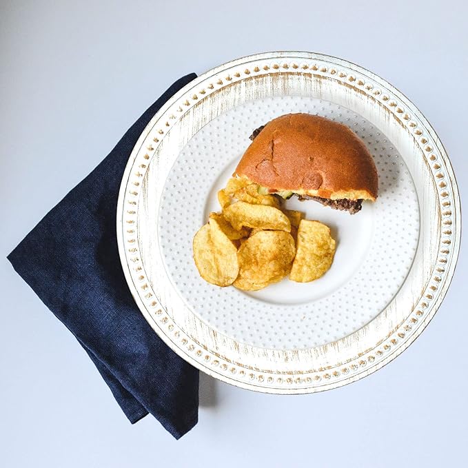 13" Vintage Charger Plates, Beaded Chargers for Dinner Plates Set of 6, Charger Plates Bulk Wedding, White