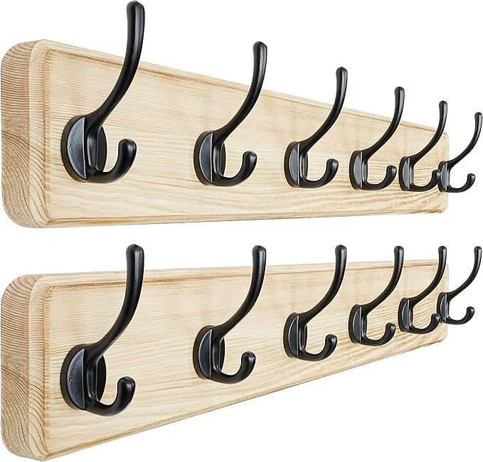 Dseap Coat Rack Wall: 24" Long, Patented, Heavy-Duty, 6-Double-Hooks Wooden Wall Mounted Coat Rack Coat Hanger Hook Rail for Winter Coats Hat Jacket Clothing, Light Brown, Pack of 2