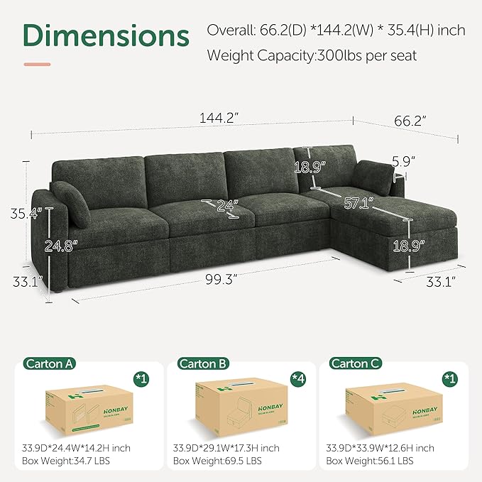HONBAY Modular Sectional Sofa with Storage Seats, L Shaped Sectional Couch with Storage, Chenille Sectional Couches for Living Room, Green