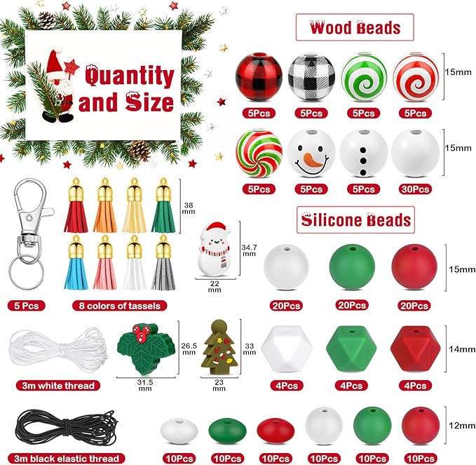 217 PCS Christmas Silicone Beads Bulk, 15mm Silicone Beads Xmas Christmas Wooden Beads Candy Cane Wood Beads Loose Rubber Beads Abacus Focal Beads for Keychain Necklace Making Pens Crafts Ornament