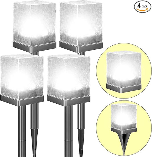 Solar Ice Brick Pathway Lights, LED Outdoor Waterproof Ground Light, Multi-use Landscape Lighting for Lawn & Table | Auto On/Off Solar Powered Garden Yard Decoration (Cool White, 4 Pack)