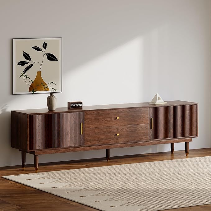 Mid Century Modern TV Stand for 75 inch TV, 78.7" Walnut TV Console with 2 Storage Cabinet & 2 Drawers, Entertainment Center, Media Console for Living Room/Bedroom