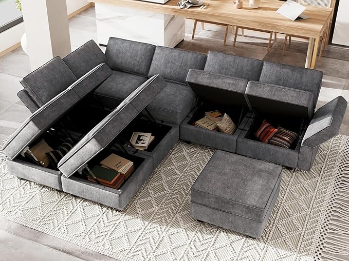 Belffin Modular Sectional Sleeper Sofa Couch with Storage Ottoman Convertible Sectional Couches for Living Room Terry Reversible Chaise. Dark Grey Sofa