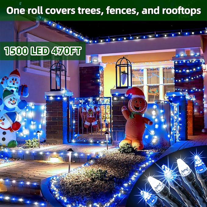 1500 LED 470FT Christmas Lights Outdoor,12 Lighting Modes Christmas String Lights with Timer, Dimmable BlueLED StringLightsWaterproof for Yard Tree Wedding Party Holiday Decor Blue