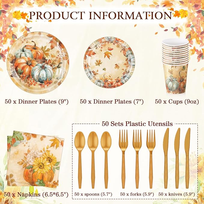 350 Pcs Thanksgiving Fall Party Supplies Maple Leaf Dinnerware Set Disposable Plates Napkins Paper Cups Plastic Cutlery for Autumn Thanksgiving Harvest Party Decor Serves 50(Pumpkin)