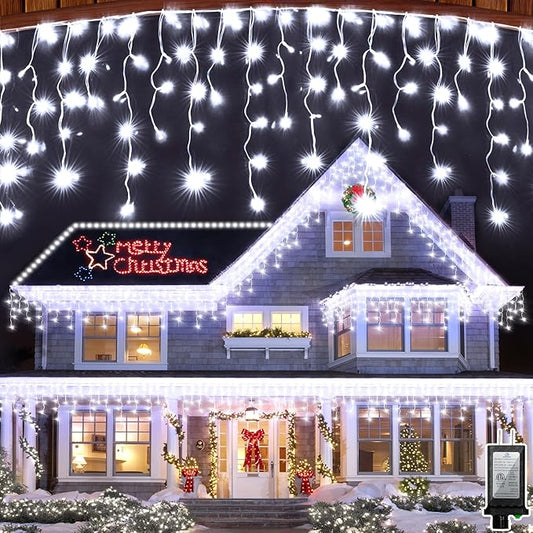 792 LED Christma Lights with 176 Drops, 82ft Outdoor Hanging lights with 8 Modes & Timer Memory, Outsite Waterproof Curtain String Lights for Front House Fence Tree Holiday Decorations Cool White