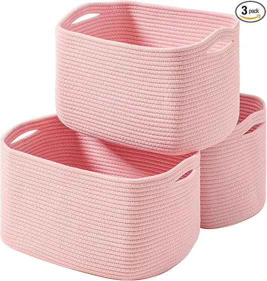 Storage Baskets for Organizing Shelves, Pink Basket for Nursery, Woven Cotton Rope Baskets for Storage, Towel Basket for Bathroom, 15"x11"x9.5", 3 Packs, Light Pink