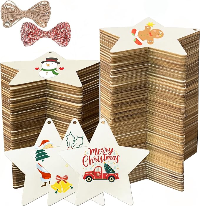 FCECOR 4" 100PCS Wooden Stars for Crafts, Wood Stars for 4th of July Kids Crafts Wood Slices DIY Crafts Supplies, Unfinished Wooden Ornaments for DIY Christmas Crafts Projects