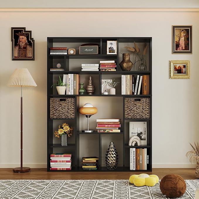 71” Tall Open Black Bookcase with Baskets, Free-Standing 6-Tier Wooden Display Storage Bookshelves with 16 Irregular Cubes for Living Room, Home Decor