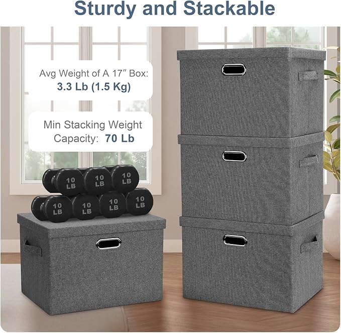 Large 17" 36 Quart Collapsible Stackable Storage Bins with Lids, 3 Packs Grey Linen Fabric Closet Boxes with Lids, Storage Cube Baskets Container Organizers for Bedroom Office(17 x12 x11)