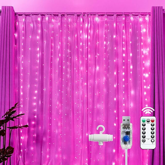 Brightown 300 LED Fairy Curtain Lights, 9.8ft x 9.8ft Curtain String Lights, USB Plug in 8 Lighting Modes LED Christmas String Hanging Lights with Remote for Bedroom Indoor Outdoor Weddings Party Xmas
