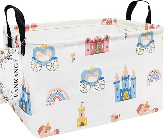 FANKANG Storage Bins, Nursery Hamper Canvas Laundry Basket Foldable with Waterproof PE Coating Large Storage Baskets for Kids Boys and Girls, Office, Bedroom, Clothes,Toys(Rec-castle carriage ）