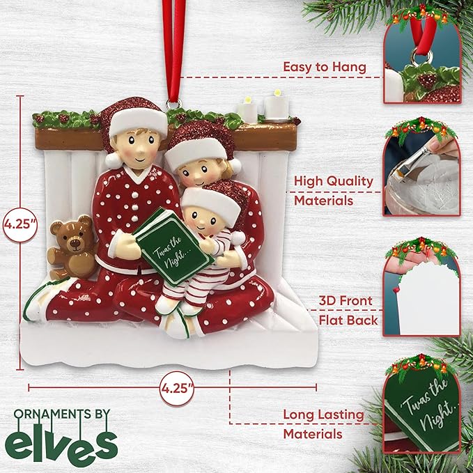 Fireplace Family of 3 Christmas Ornament 2025 Personalized Family Christmas Ornaments 2025 | Bedtime Reading w/Teddy Personalized Tree Ornaments Customizable Gifts Matching Pajamas of Three Ornament