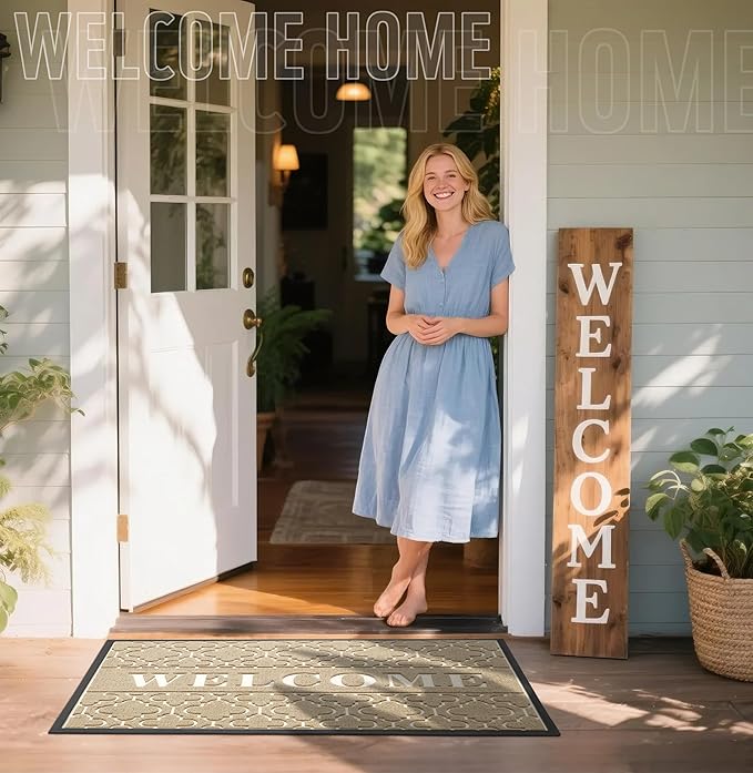 Yimobra Welcome Mat Outdoor Indoor, All-Season Waterproof Front Door Mat Outside Entrance, All-Weather Heavy Duty Non-Slip Doormat, Low Profile Porch Patio Entrance Mats, 47x24, Beige