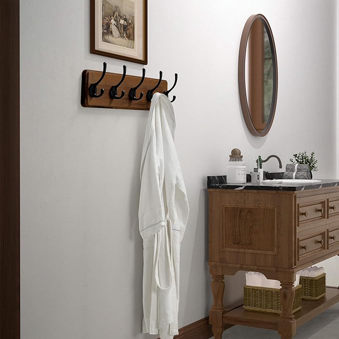 Dseap Wall Mounted Coat Rack: Patented, Heavy-Duty, 17.4" Long 5-Double-Hooks Wooden Hanger Rail for Winter Coats, Hat, Jacket, Clothing - Natural & Black, Pack of 2