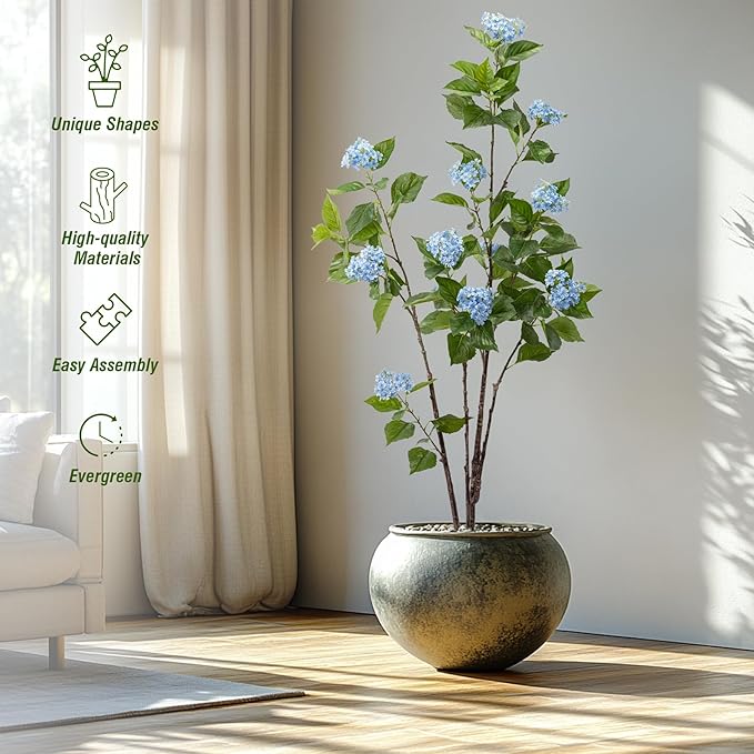 Fake Plants Home Decor Artificial Plants Outdoor Hydrangea Artificial Plants Indoor Fake Tree Living Room Decor Artificial Tree Porch Decor Fiddle Leaf Fig Tree 6Ft (Blue)