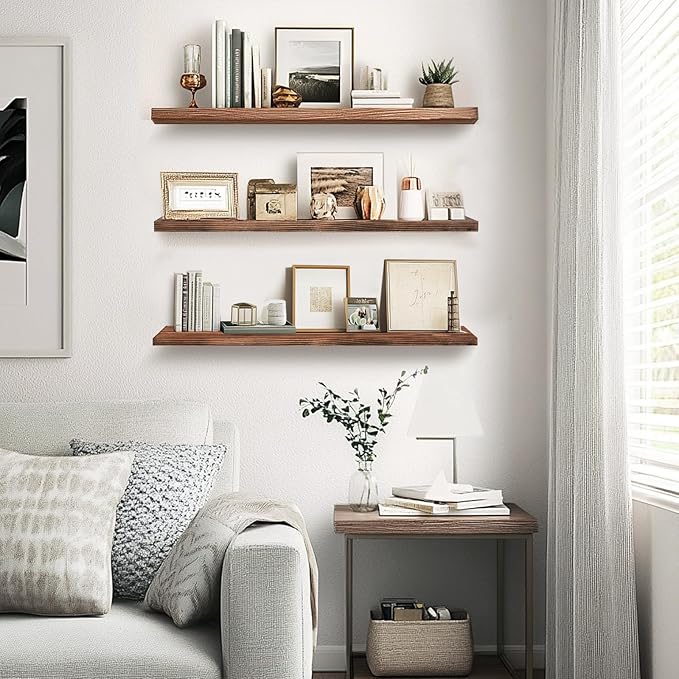 Floating Wall Shelves 3-Pack - 24-Inch Rustic Brown Wooden Shelves for Storage and Décor, Easy Installation for Living Room, Bedroom, and Kitchen