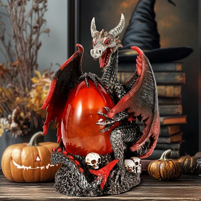 Fire Dragon Glitter Globe Statue Dragon Egg Glowing Sculpture, Skull Accent Base, Evil Dragons Lantern with 6H Timer, Battery Operated, Cool Decoration for Halloween, Fantasy Gift for Collectors