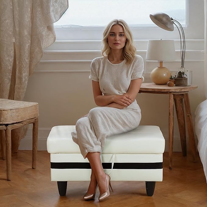 Ottoman Rectangular Storage Ottoman Bench, Faux Leather Footrest, Coffee Table, Stool Footstool with Hinged Lid for Living Room, Bedroom, Entryway, White with Black Strip, 35"x23.5"x17.5"