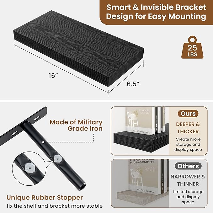 fuqing Floating Shelves for Wall, Bathroom Shelf Wall Mounted for Storage, Shelves with Invisible Bracket for Bedroom, Kitchen, Living Room, Farmhouse Small Book Shelf, 16 Inch Set of 2, Black