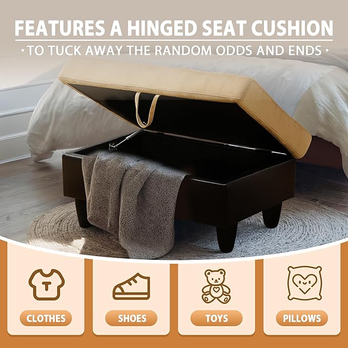 Ottoman Rectangular Storage Ottoman Bench, Flannel Footrest Stool Footstool with Lid for Living Room, Bedroom, Entryway, Champagne&Black, 35"x23.5"x17.5"