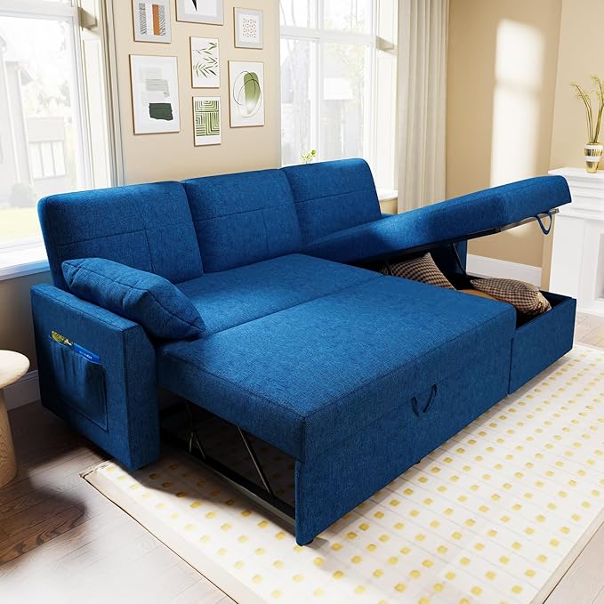 VanAcc Sleeper Sofa - 2 in 1 Pull Out Couch Bed with Storage Chaise for Living Room, Linen Blue