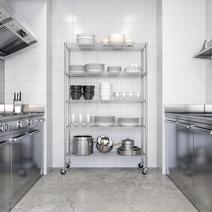 Seville Classics UltraDurable Heavy Duty NSF Solid Steel Wire Rack Storage Unit Organizer for Garage, Warehouse, Office, Restaurant, Classroom, Kitchen, 5-Tier Shelving, 48" W x 18" D