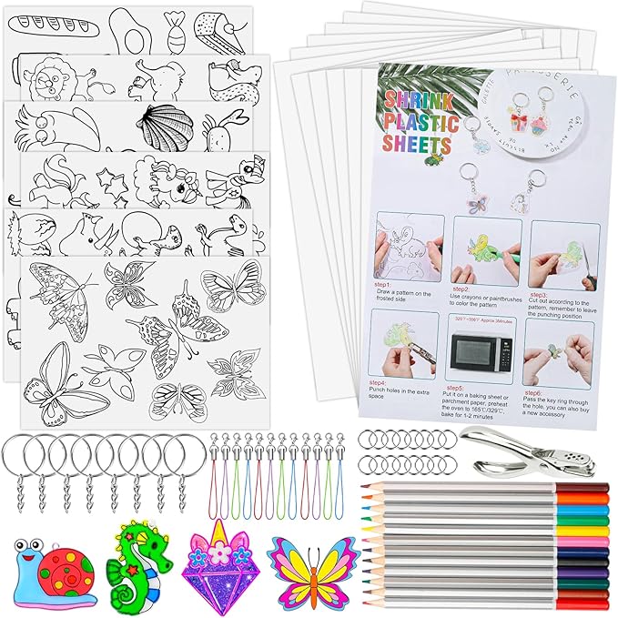 Natonhi 239Pcs Heat Shrink Plastic Sheets Keychain Kit, Including 40 Shrinky Art Paper,6 Traceable Picture, Hole Punch, Pencils, Keychains Accessories for Kids Shrinky Dinks Creative Craft Marking