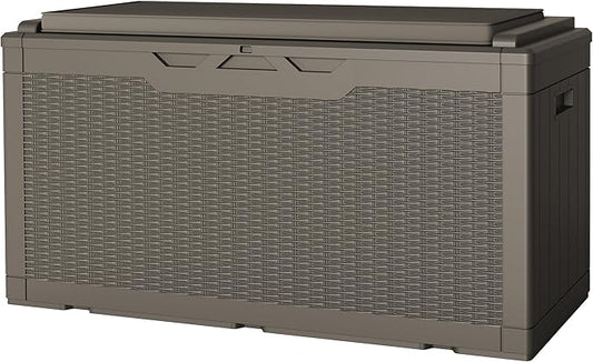 JUMMICO 100 Gallon Resin Deck Box with Cushion, Waterproof Outdoor Storage Box with Lockable Lid for Garden Tools, Patio Cushions (Light Brown)