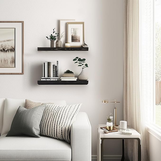 Floating Wall Shelves - 16"x6.8"x1.2" Sturdy Rustic Black Solid Wood Shelves for Storage and Décor, Easy Installation for Living Room, Bedroom, and Kitchen - 2 Pack