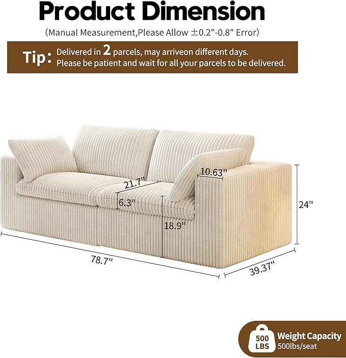 78.74" LoveSeat Cloud Sofa,Modular Sectional Couch,Modern Deep Seat Upholstered Couches with Plush Corduroy Fabric for Living Room Furniture,Bedroom and Apartment,No Assembly Required,White