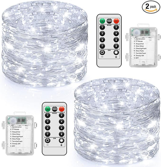 2 Pack 100 LED Fairy Lights Battery Operated with Timer & Remote, 33FT Waterproof Twinkle Lights Indoor Outdoor, Fairy String lights for Bedroom Classroom DIY Wedding Christmas Decorations, Cool White