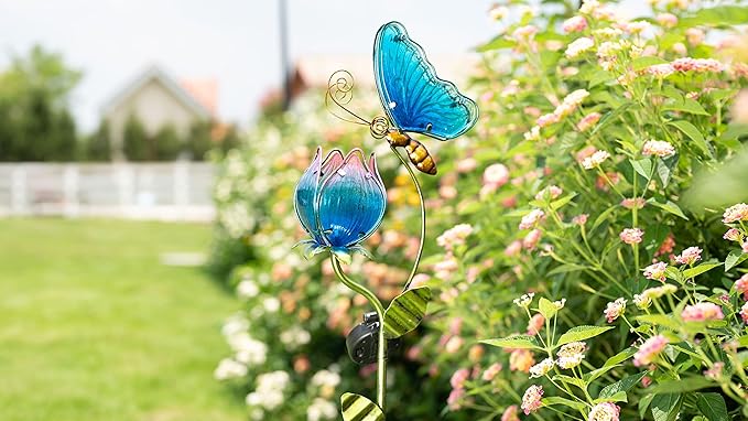 TERESA'S Collections Flower Yard Decorations Outdoor, 42'' Blue Glass Butterfly Solar Outdoor Lights Garden Decor for Outside, Metal Yard Art Garden Stake Decorative for Patio Decor,Gifts for Mom