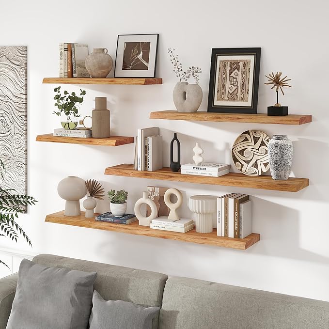 RICHFOCUS Live Edge Elm Floating Shelves - 40" W x 9.3" D Rustic Solid Wood Wall Shelves with Invisible Bracket, Wall-Mounted for Living Room, Bedroom, Kitchen Storage & Display, Set of 2, Natural