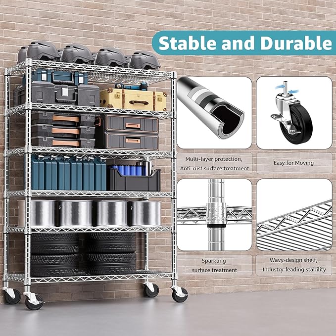 Steel Storage Shelving 6-Tier Utility Shelving Unit with Wheels, Steel Organizer Wire Rack for Home,Kitchen,Office,Garage,17.7" D x 47.2" W x 76.7" H