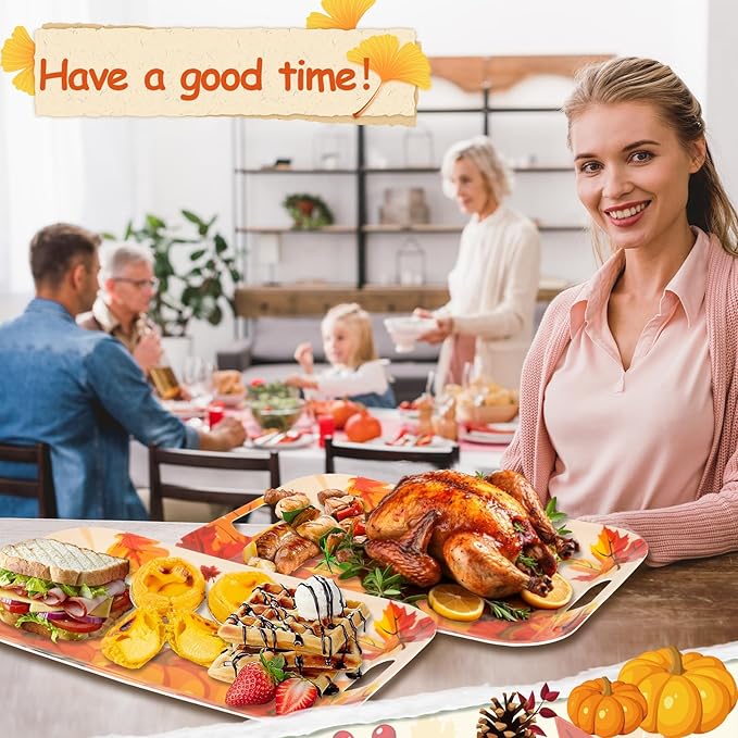 gisgfim 2Pcs Thanksgiving Day Fall Serving Tray 16.1 X 11.1 Inch Large Melamine Trays Platters with Handles Fall Pumpkin Leaves Food Trays Turkey Serving Dishes Snacks Dessert Plates Party Decorations