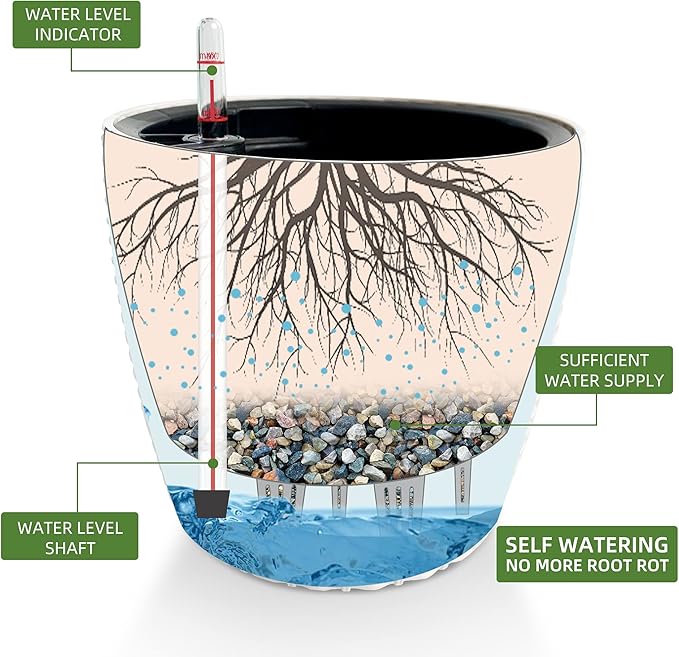 Dexceder 9x8 Inches Rattan Self Watering Planter Indoor Outdoor, Inner Pot Design, Thickened Table Flower Plant Pot with Water Level Indicator (Ivory White)