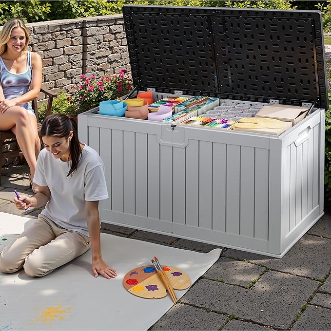 JUMMICO 250 Gallon Outdoor Resin Deck Box with Divider, Waterproof Storage Box with Lockable Lid&Side Handles for Garden Tools, Pools Supplies (White with Black Cover)