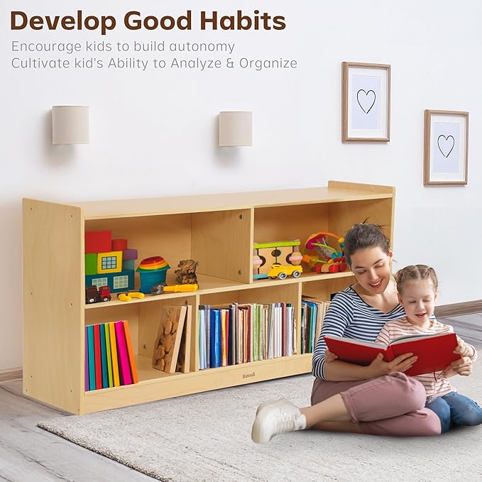 Toy Storage Organizer for Kids Room, Wooden Kids Bookshelf for Classroom, Cube Storage Organizer for Playroom, 5-Section Montessori Bookshelf & Toy Shelf for Nursery