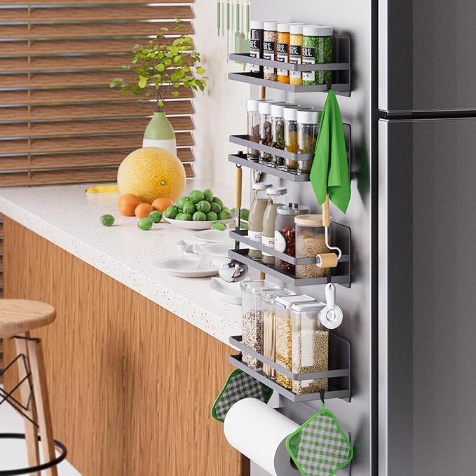Magnetic Spice Rack for Refrigerator Moveable Magnetic Shelf Organizer Kitchen Seasoning Jars Storage Rack Fridge Magnet Organizer,Grey,4 Packs