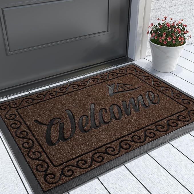 Yimobra Fall Door Mat Outdoor Indoor, Heavy Duty Windproof Welcome Mats for Front Door, Stuady Waterproof Doormat for Patio Porch Outside Entrance, Low Profile, 29.5x17, Coffee