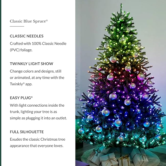 Balsam Hill 6.5ft Pre-Lit Classic Blue Spruce Artificial Christmas Tree with 2,144+ Tips, 330 Twinkly LED Smart Lights, Easy Plug System, Premium Stand & Storage Bag for Indoor Holiday Decorating