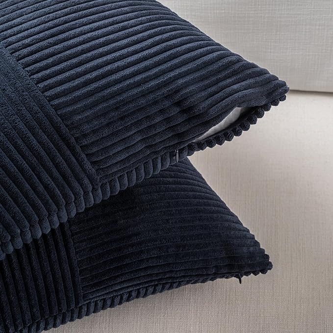 Fancy Homi 2 Packs Navy Blue Long Lumbar Decorative Throw Pillow Covers 16x24 Inch for Couch Bed Sofa, Rustic Farmhouse Boho Home Decor, Soft Striped Corduroy Rectangle Accent Cushion Case 40x60 cm