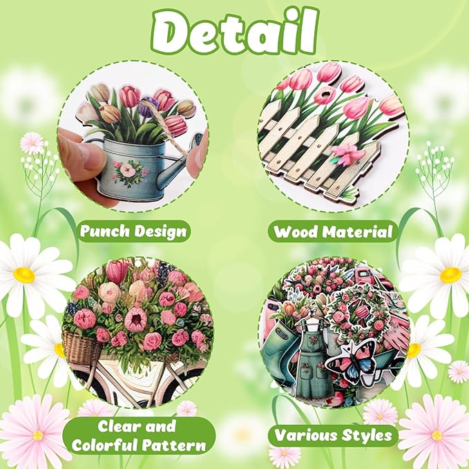 48PCS Spring Decor Wooden Flowers Ornaments Hanging Tulips Signs Decorations for Home Small Tree Party