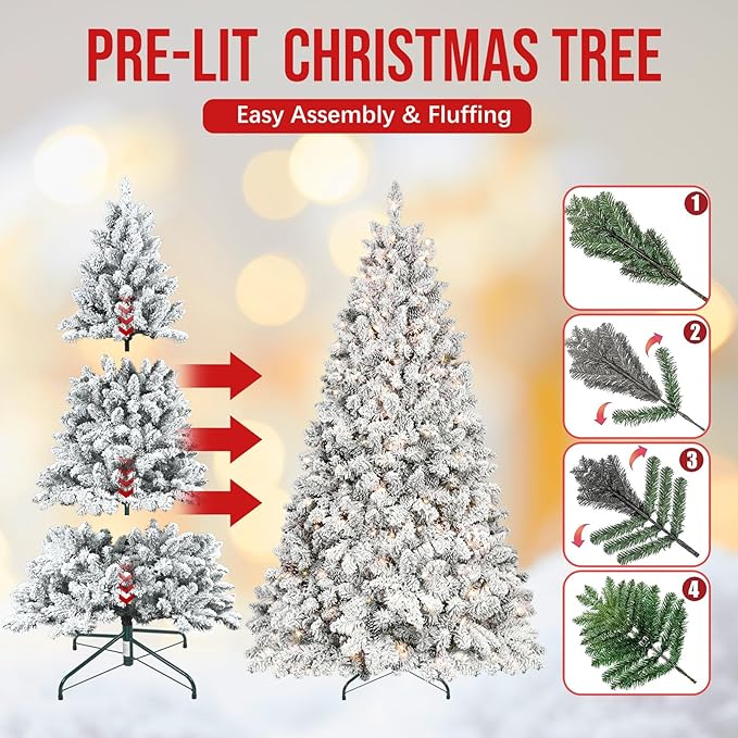 4 ft Prelit Flocked Christmas Tree with Pine Cones & 150 UL Lights, Snow Frosted Artificial Christmas Tree with Auto Hinged Stand for Holiday Decor
