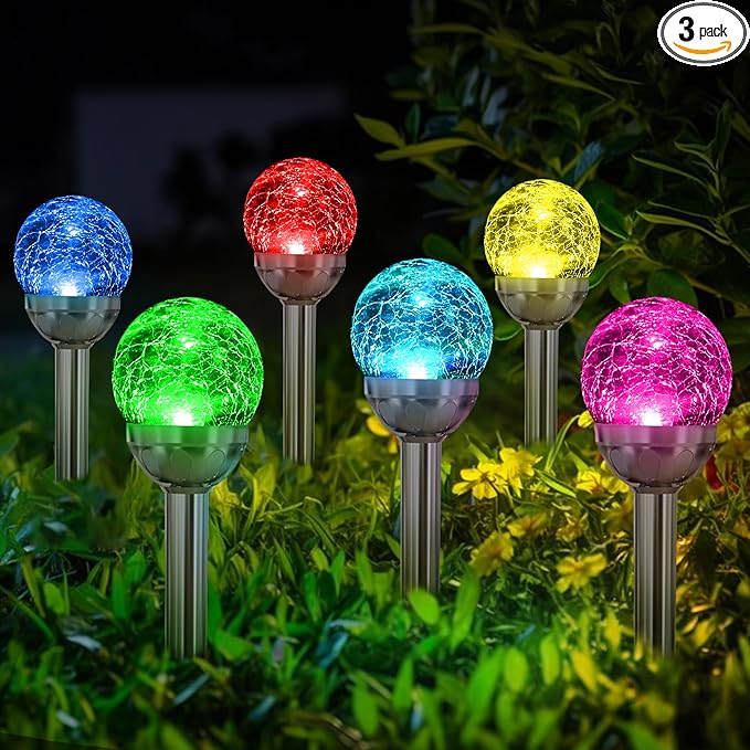 SOLPEX Solar Garden Lights Outdoor, 3 Pack Multi-Color Changing&White 2 Modes Solar Powered Glass Ball Garden Lights Waterproof for Patio Decoration