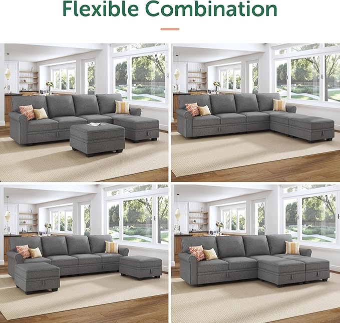 HONBAY Convertible Sectional Sofa with Storage U Shaped Sectional Couch with Reversible Chaise Small Sectional Couches for Living Room,Grey