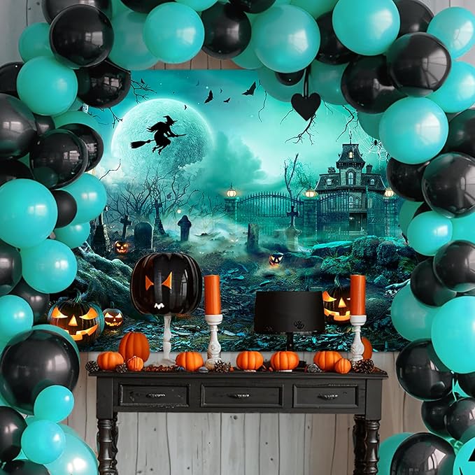Avezano Halloween Photography Backdrop Full Moon Scary Night Castle Pumpkins Party Background Spooky Witch Bats Cemetery Child Kids Halloween Party Decorations Photoshoot Backdrops (7x5ft, Green)